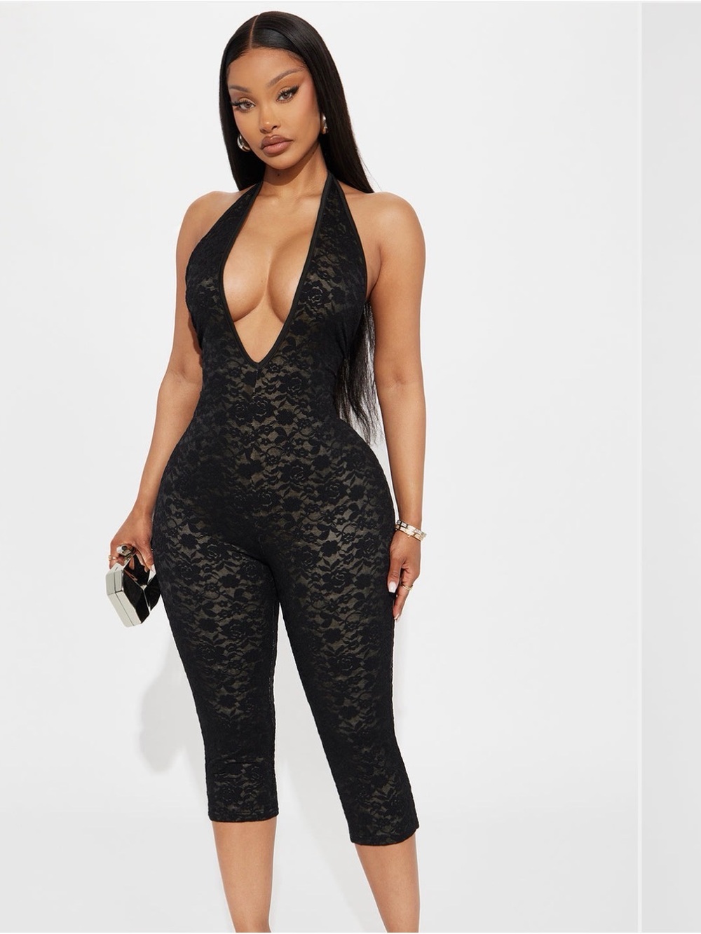 Fashion Nova Black Lace Halter Deep V Jumpsuit
